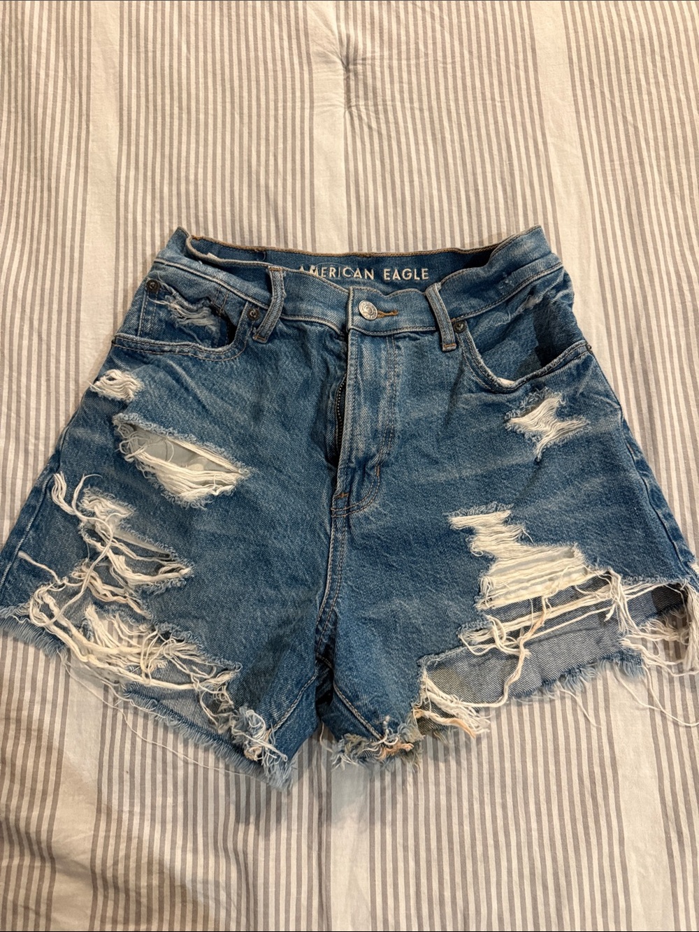 American Eagle Outfitters Distressed Blue High-Rise Jean Shorts